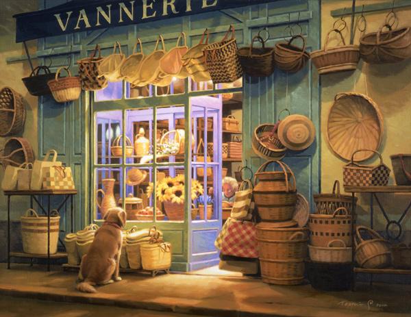 笹倉鉄平の絵画作品　タイトルは、手作り籠の店　vannerie
